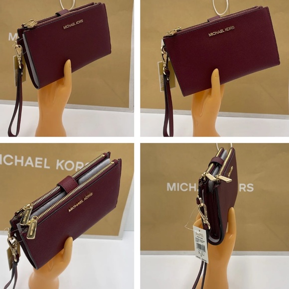 MICHAEL KORS LARGE DOUBLE ZIP WRISTLET WALLET DARK CHERRY COLOR - Picture 15 of 16